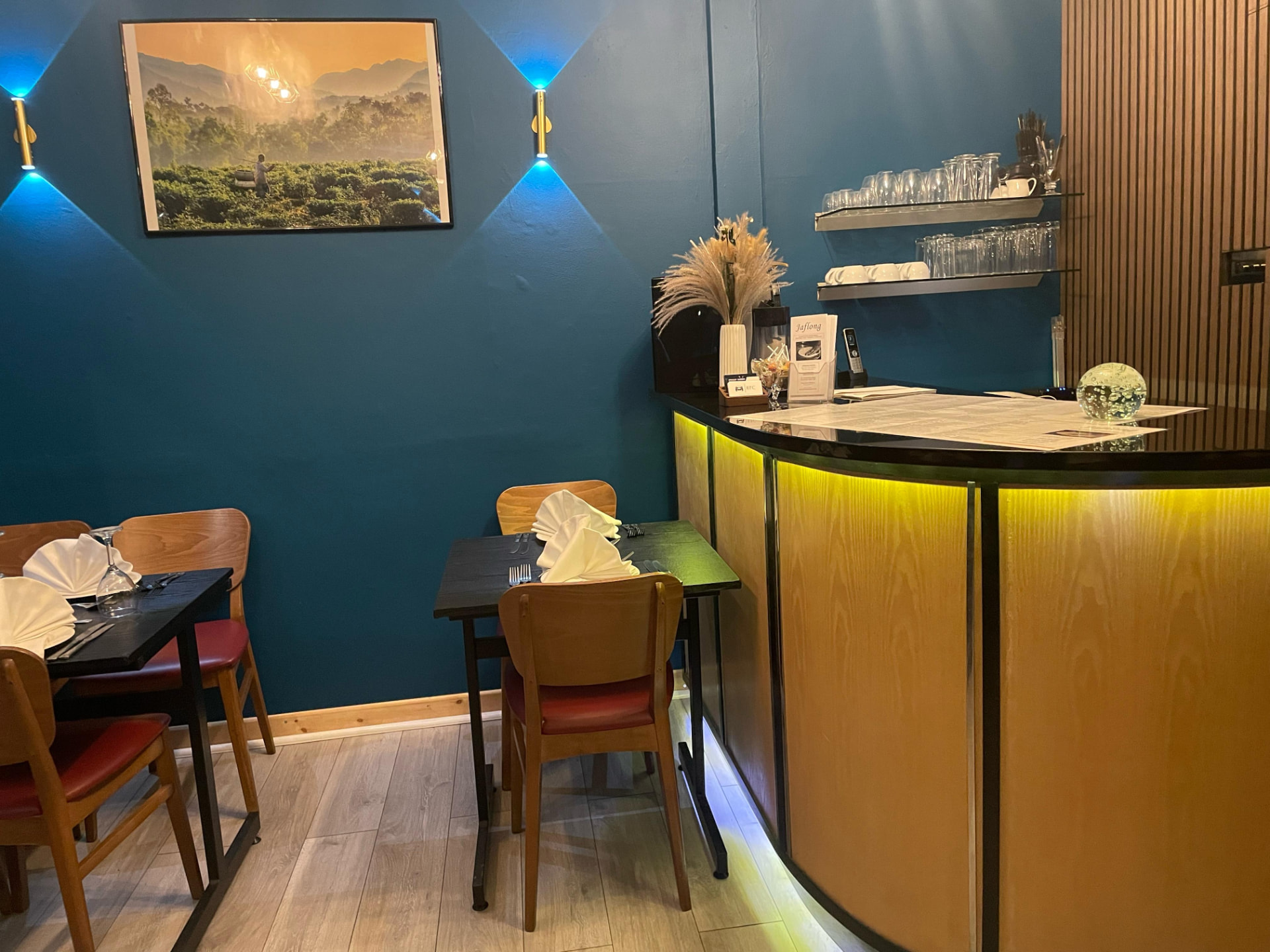 Bar and welcome area of the renovated Jaflong Tandoori dining room