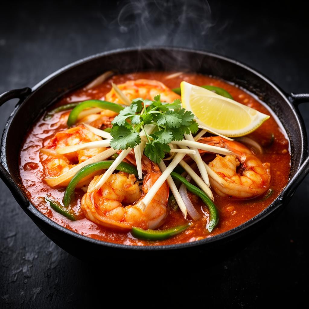King Prawn Karahi — tiger prawns with tomatoes, ginger, and fresh chillies