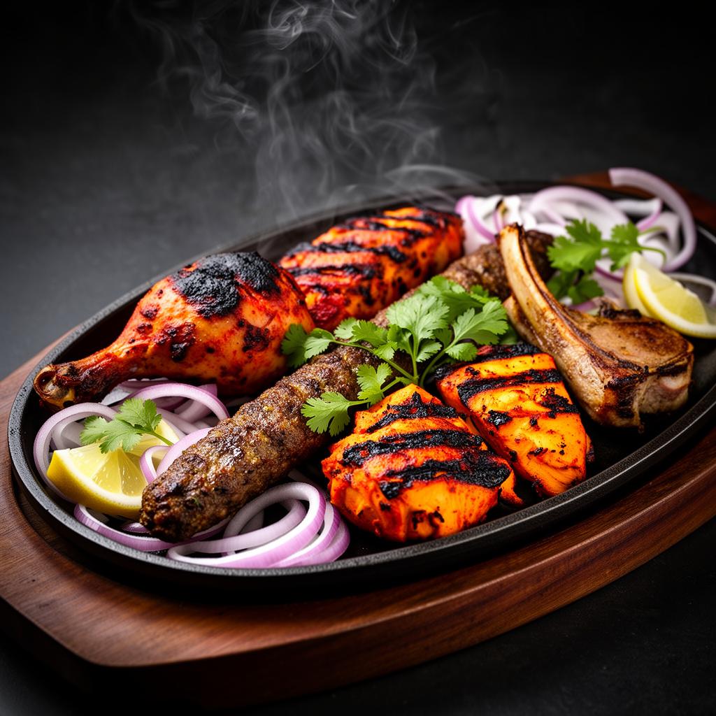 Photograph 1 of 6: Tandoori mixed grill served on a sizzling platter with salad and lemon
