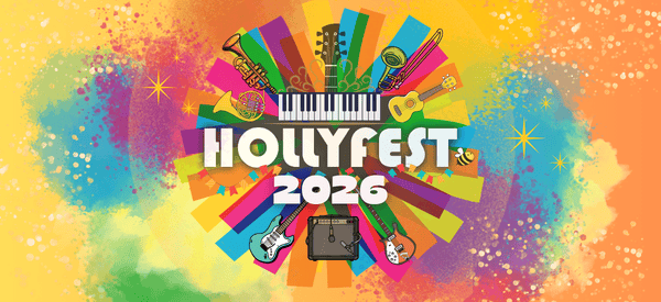 Hollyfest 2026 ticket banner — colourful music festival graphic with instruments and the words Hollyfest 2026.