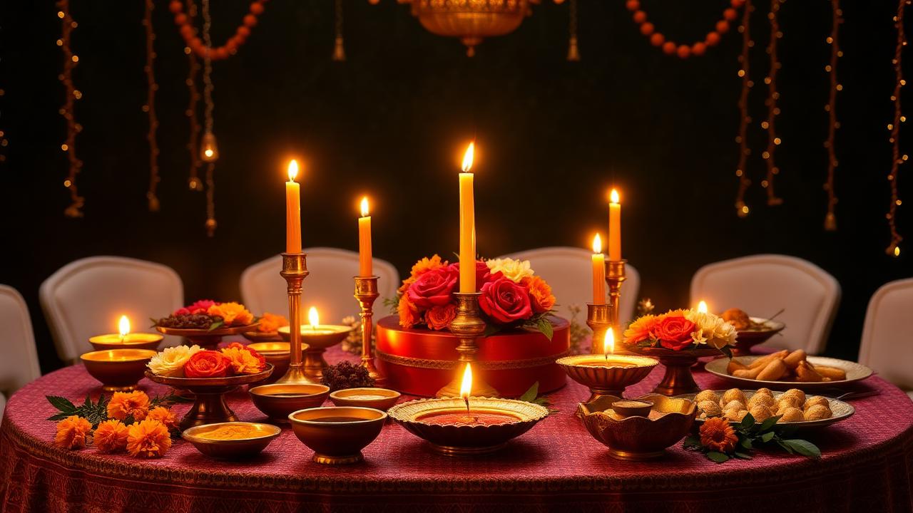 Premium Indian festival catering spread with diyas and marigolds